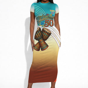 African 50th Birthday Short Sleeve Bodycon Dress Vibrant Tribal Celebration Drums Vintage 1976