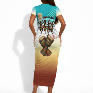 African 50th Birthday Short Sleeve Bodycon Dress Vibrant Tribal Celebration Drums Vintage 1976