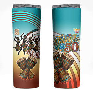 African 50th Birthday Skinny Tumbler Vibrant Tribal Celebration Drums Vintage 1976