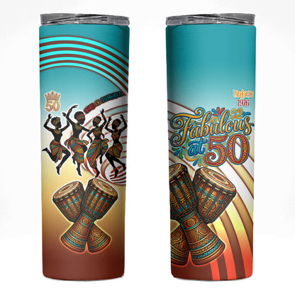 African 50th Birthday Skinny Tumbler Vibrant Tribal Celebration Drums Vintage 1976
