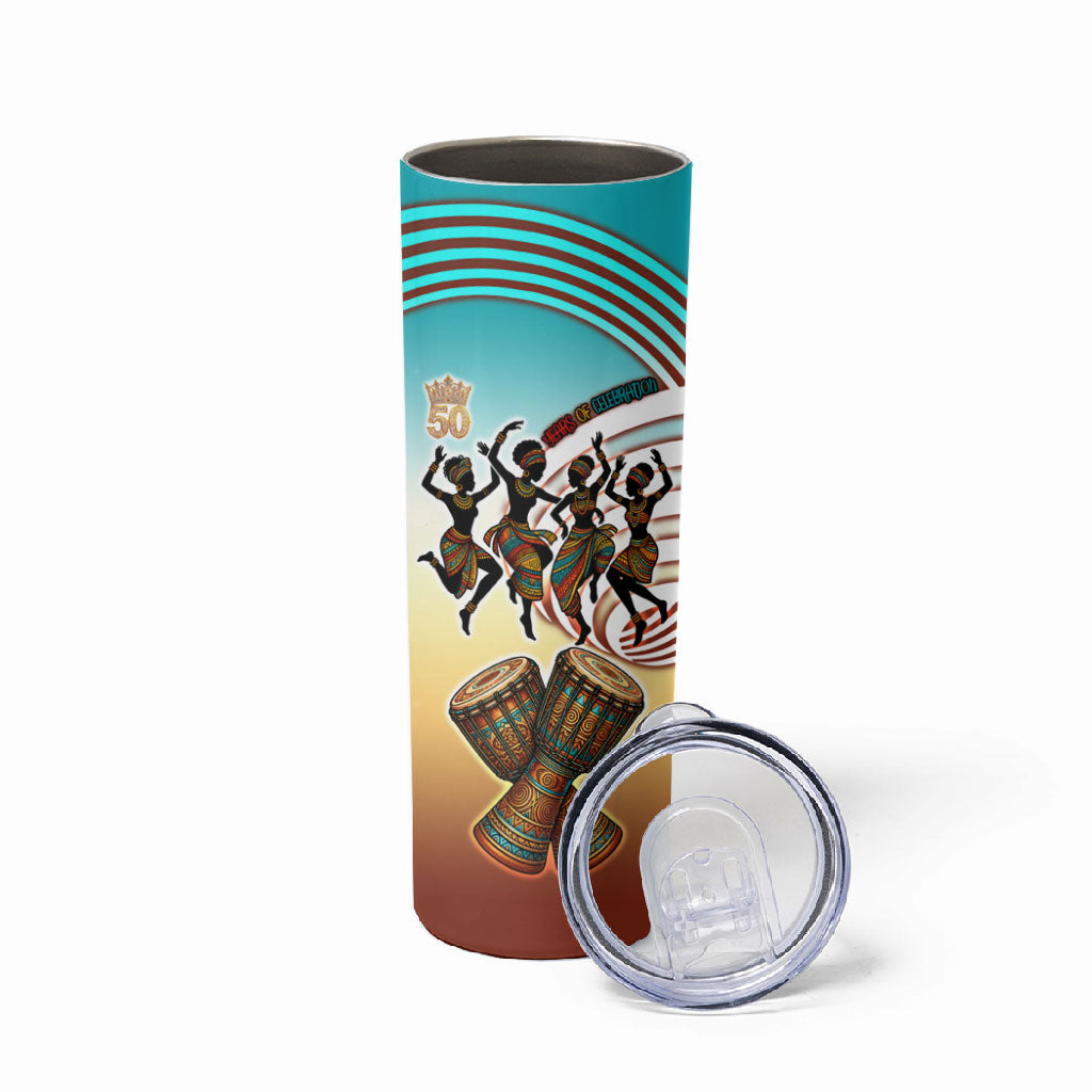 African 50th Birthday Skinny Tumbler Vibrant Tribal Celebration Drums Vintage 1976