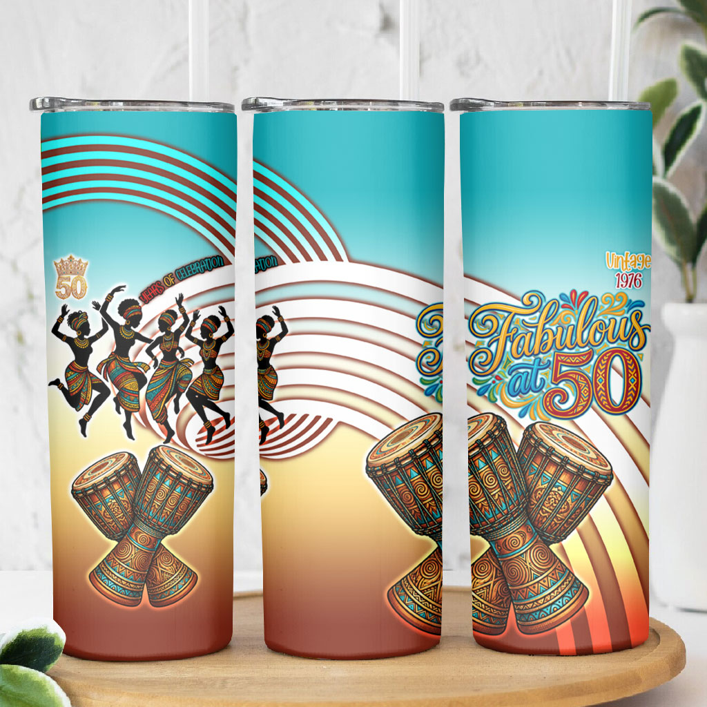 African 50th Birthday Skinny Tumbler Vibrant Tribal Celebration Drums Vintage 1976