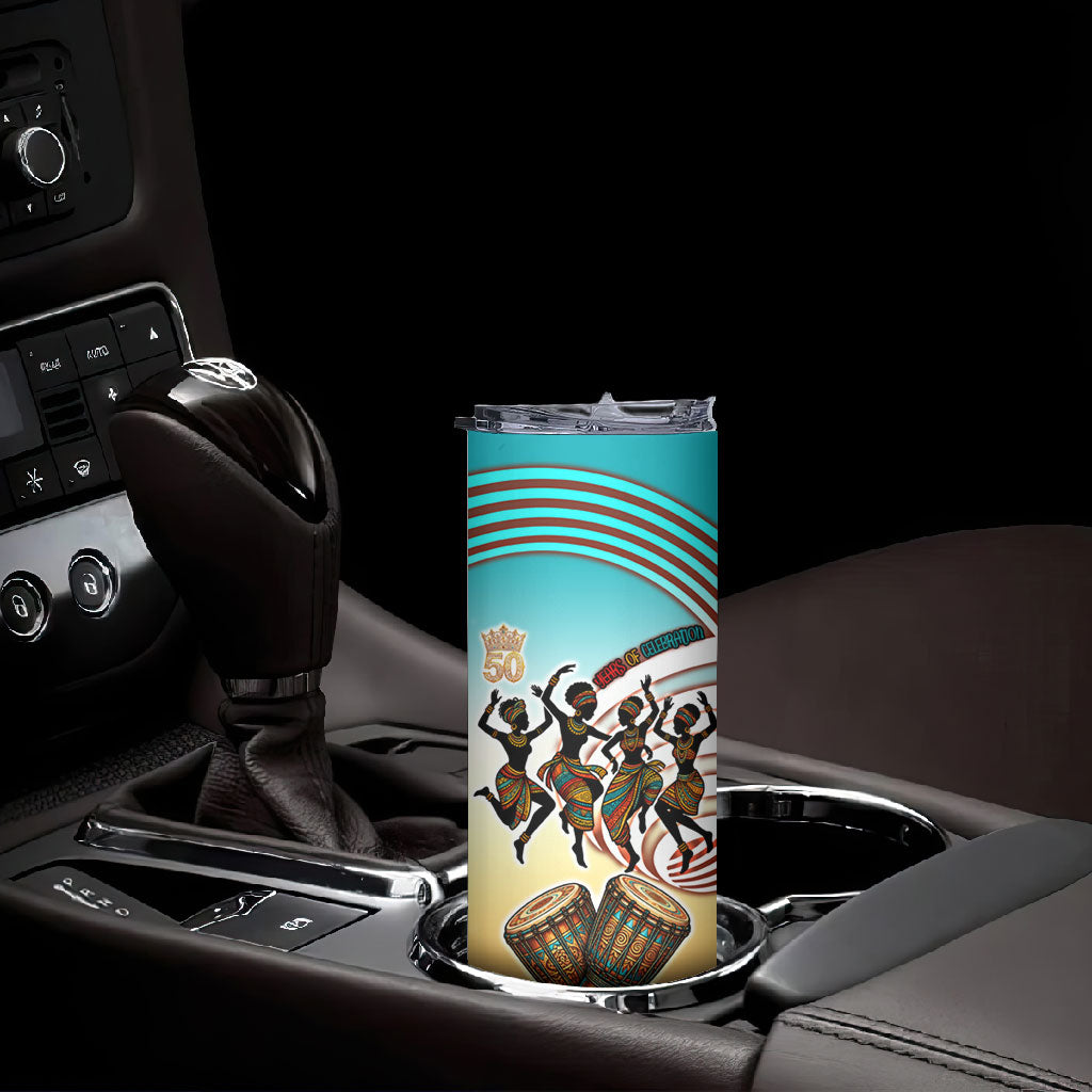 African 50th Birthday Skinny Tumbler Vibrant Tribal Celebration Drums Vintage 1976