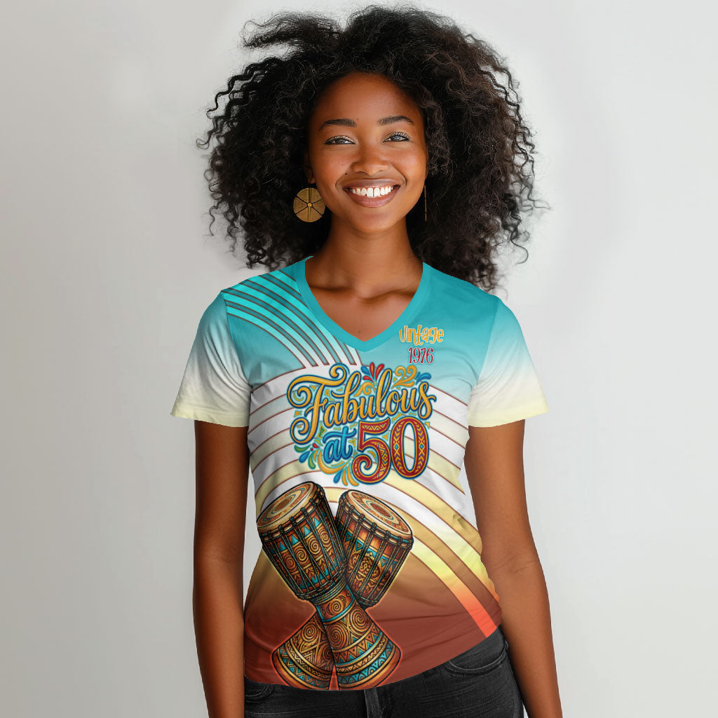 African 50th Birthday Women V-Neck T-Shirt Vibrant Tribal Celebration Drums Vintage 1976