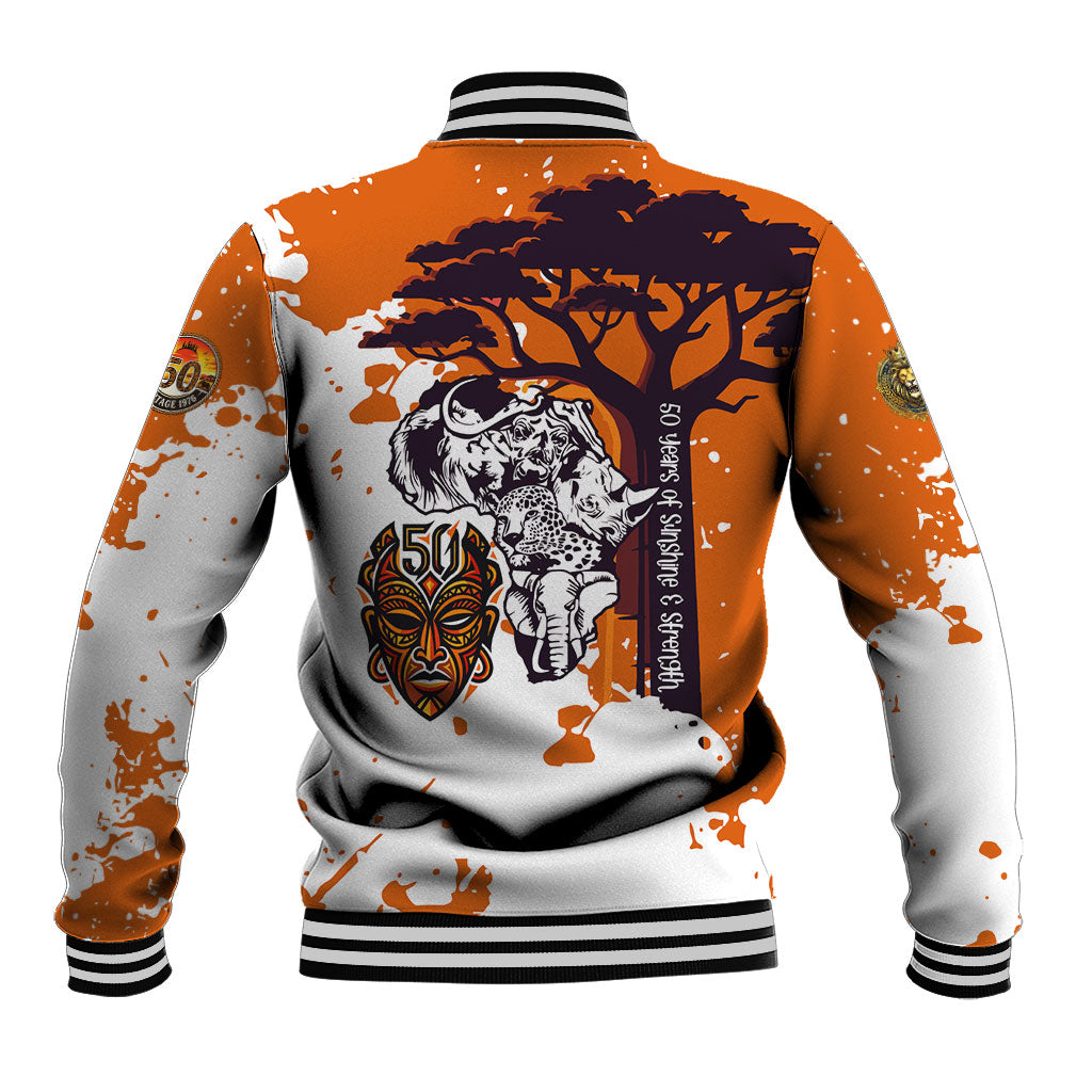 African 50th Birthday Wild And Free Baseball Jacket Safari Wildlife Map Tribal Mask Heritage Art