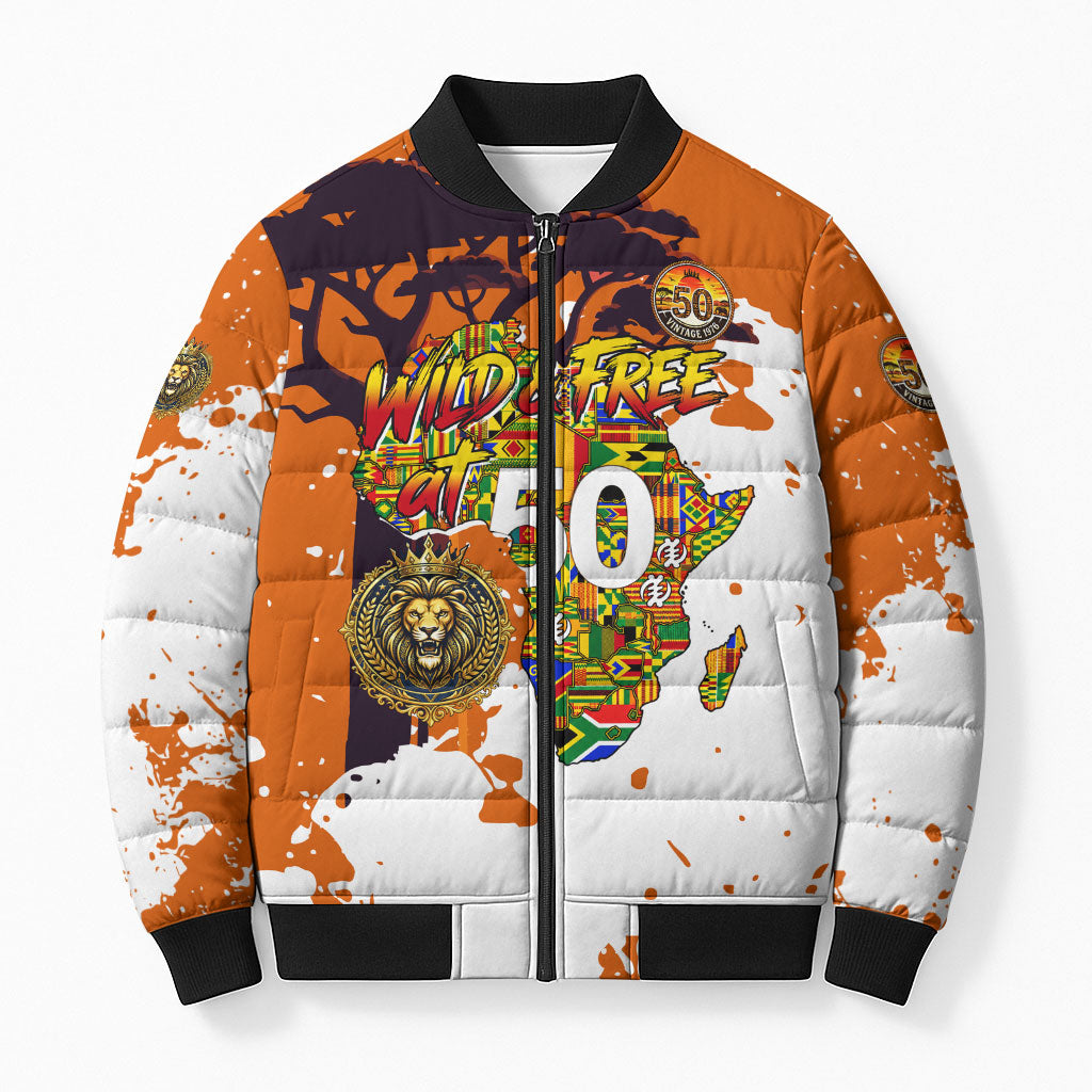 African 50th Birthday Wild And Free Bomber Puffer Jacket Safari Wildlife Map Tribal Mask Heritage Art