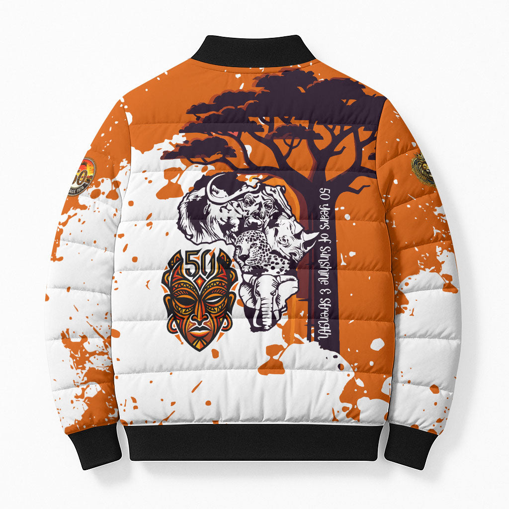 African 50th Birthday Wild And Free Bomber Puffer Jacket Safari Wildlife Map Tribal Mask Heritage Art