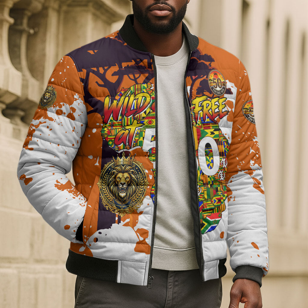 African 50th Birthday Wild And Free Bomber Puffer Jacket Safari Wildlife Map Tribal Mask Heritage Art