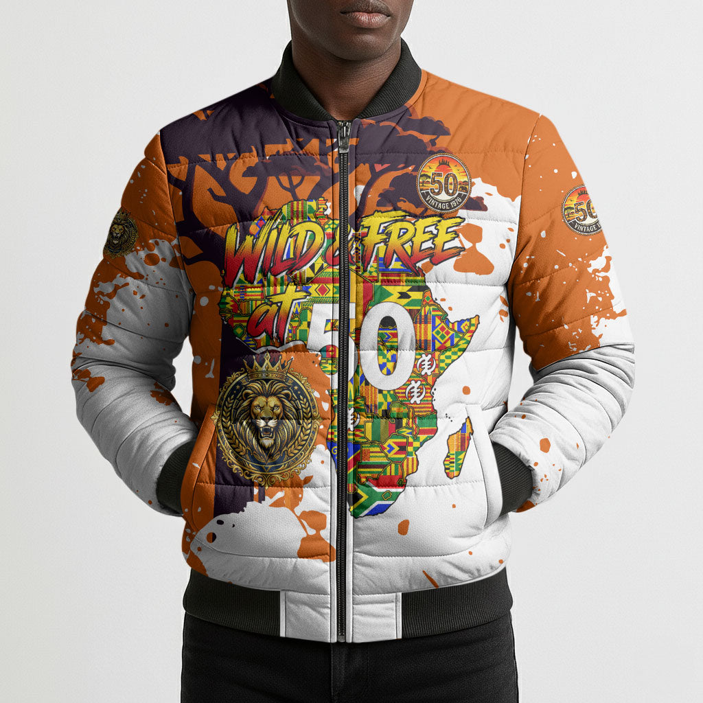 African 50th Birthday Wild And Free Bomber Puffer Jacket Safari Wildlife Map Tribal Mask Heritage Art