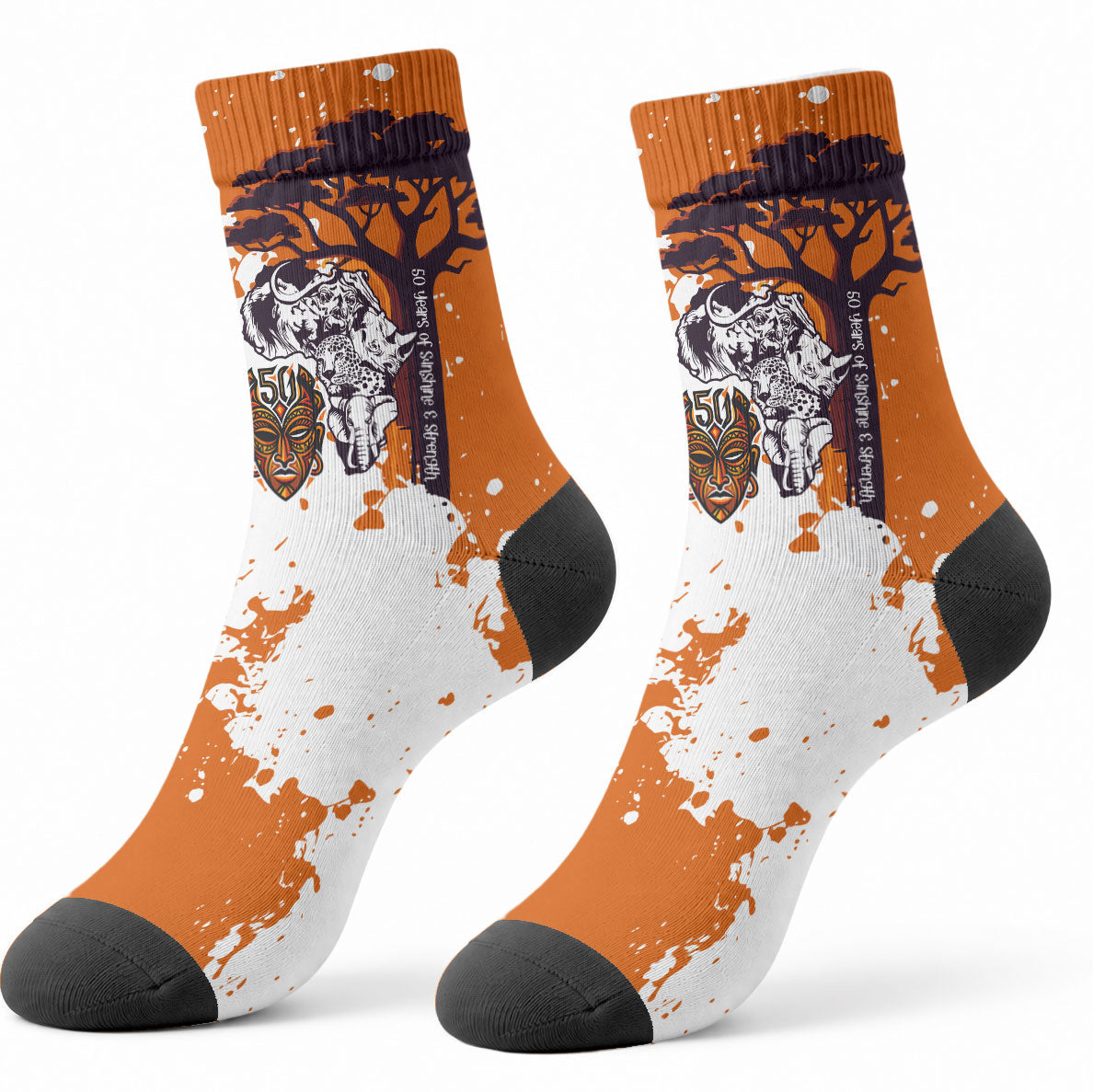 African 50th Birthday Wild And Free Crew Socks Safari Wildlife Map Tribal Mask Heritage Art