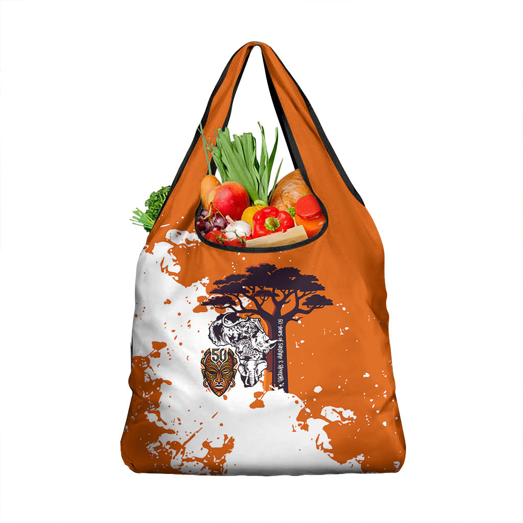 African 50th Birthday Wild And Free Grocery Bag Safari Wildlife Map Tribal Mask Heritage Art