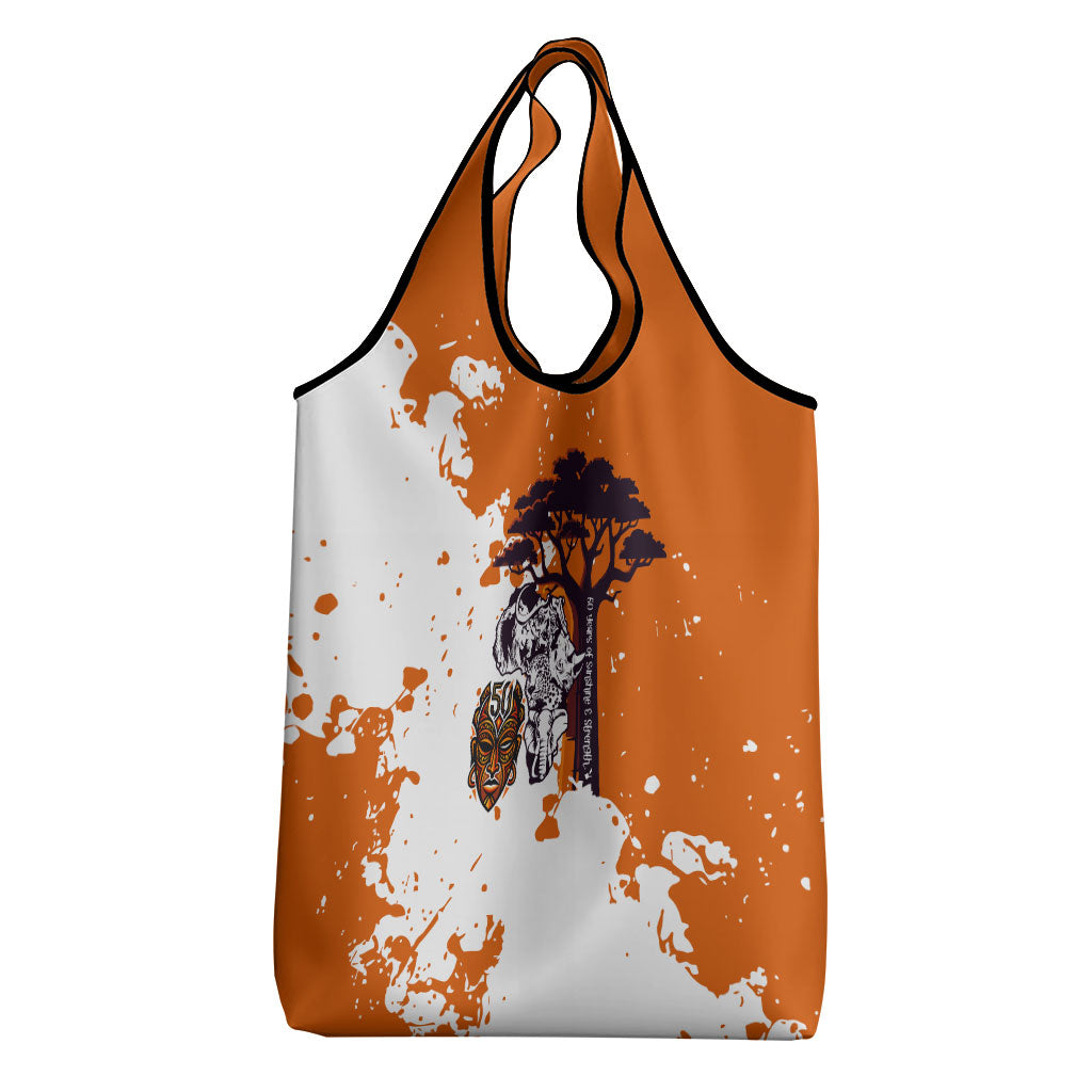 African 50th Birthday Wild And Free Grocery Bag Safari Wildlife Map Tribal Mask Heritage Art