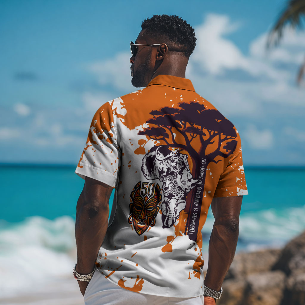 African 50th Birthday Wild And Free Hawaiian Shirt Safari Wildlife Map Tribal Mask Heritage Art