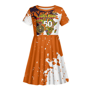 African 50th Birthday Wild And Free Kid Short Sleeve Dress Safari Wildlife Map Tribal Mask Heritage Art