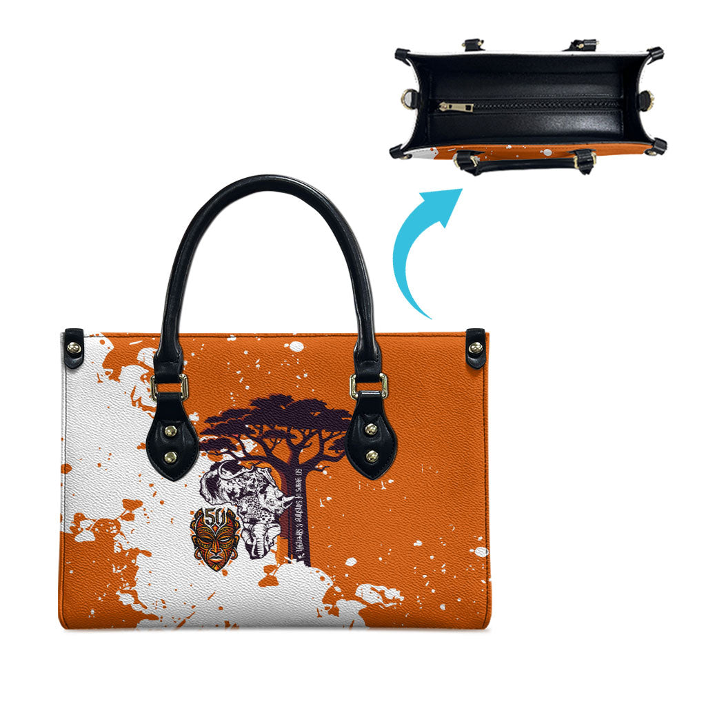 African 50th Birthday Wild And Free Leather Bag Safari Wildlife Map Tribal Mask Heritage Art