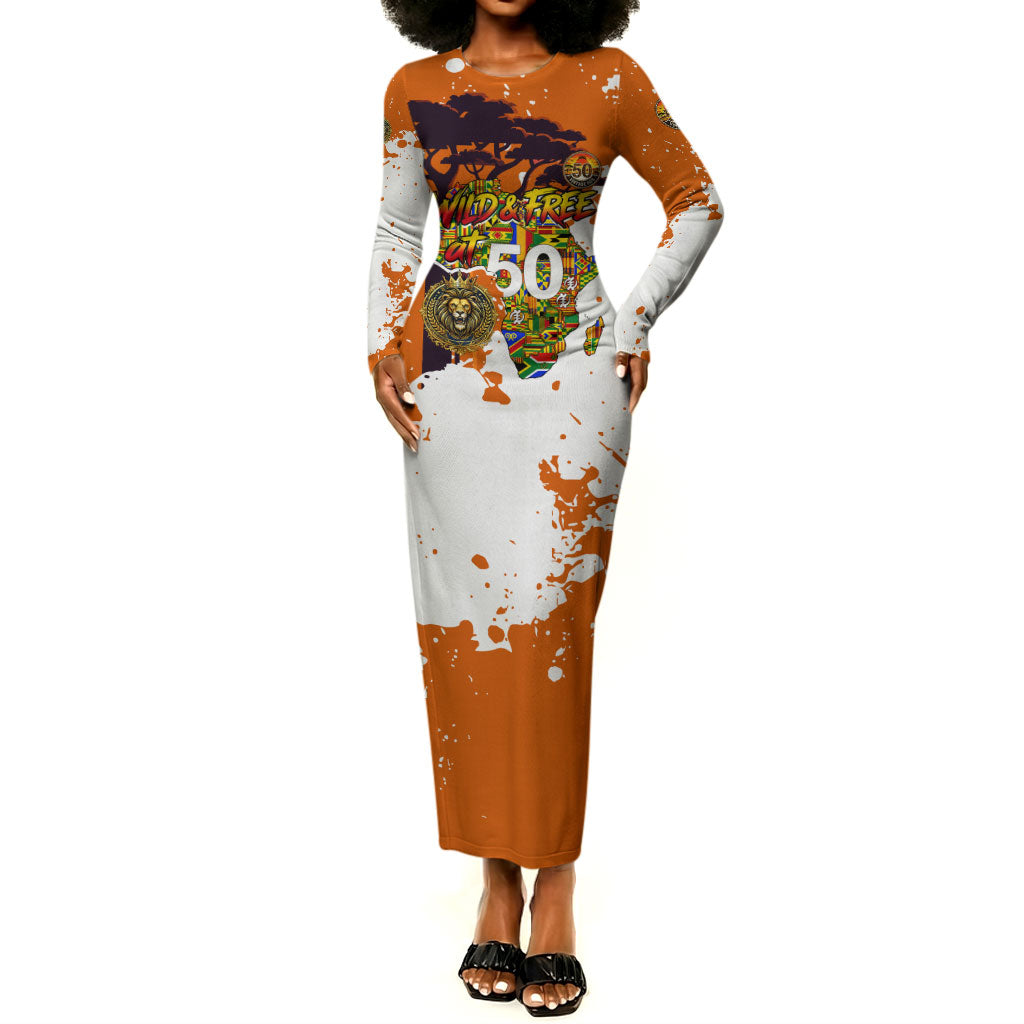 African 50th Birthday Wild And Free Long Sleeve Bodycon Dress Safari Wildlife Map Tribal Mask Heritage Art
