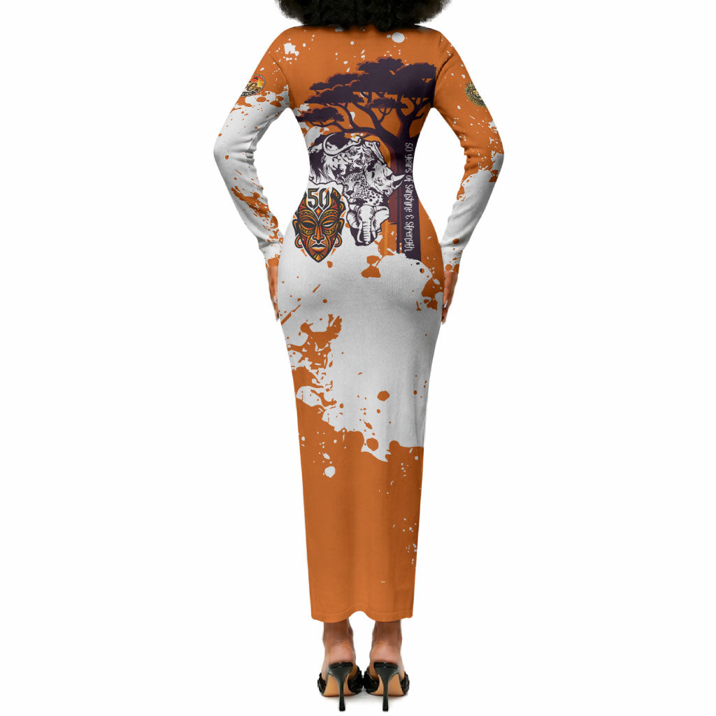 African 50th Birthday Wild And Free Long Sleeve Bodycon Dress Safari Wildlife Map Tribal Mask Heritage Art