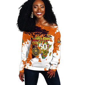 African 50th Birthday Wild And Free Off Shoulder Sweater Safari Wildlife Map Tribal Mask Heritage Art