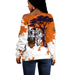 African 50th Birthday Wild And Free Off Shoulder Sweater Safari Wildlife Map Tribal Mask Heritage Art