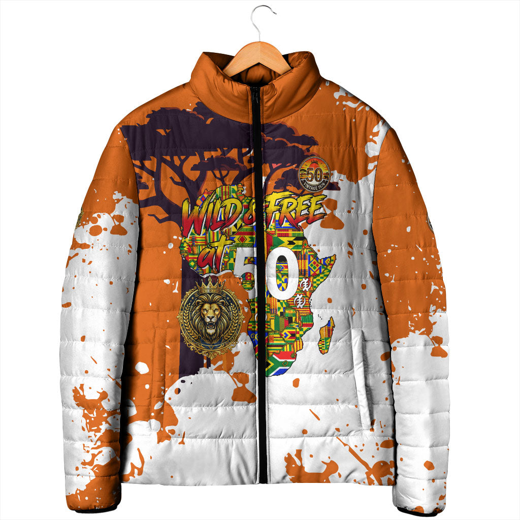 African 50th Birthday Wild And Free Padded Jacket Safari Wildlife Map Tribal Mask Heritage Art