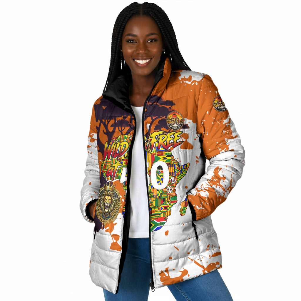 African 50th Birthday Wild And Free Padded Jacket Safari Wildlife Map Tribal Mask Heritage Art