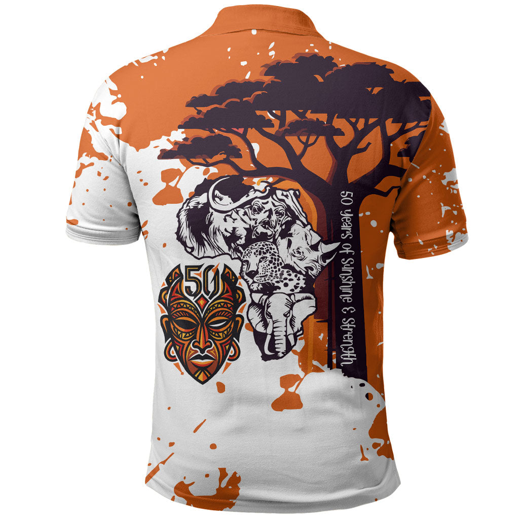 African 50th Birthday Wild And Free Polo Shirt Safari Wildlife Map Tribal Mask Heritage Art