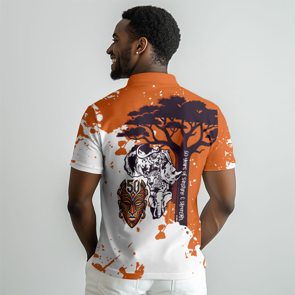 African 50th Birthday Wild And Free Polo Shirt Safari Wildlife Map Tribal Mask Heritage Art