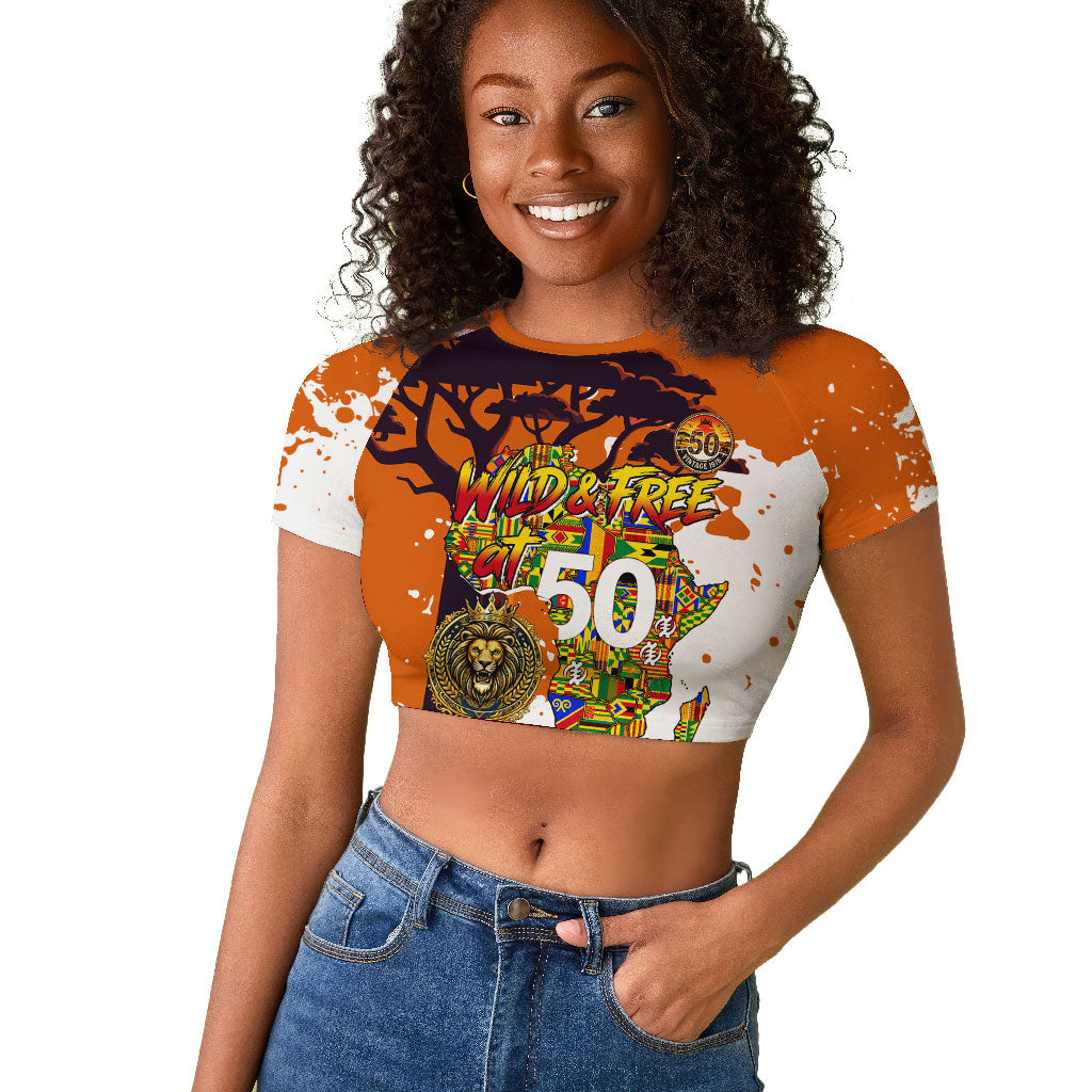 African 50th Birthday Wild And Free Raglan Cropped T shirt Safari Wildlife Map Tribal Mask Heritage Art
