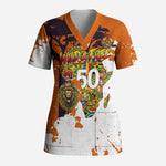 African 50th Birthday Wild And Free Scrub Top Safari Wildlife Map Tribal Mask Heritage Art