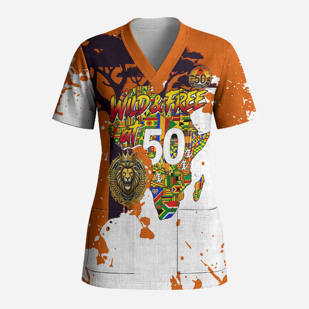 African 50th Birthday Wild And Free Scrub Top Safari Wildlife Map Tribal Mask Heritage Art