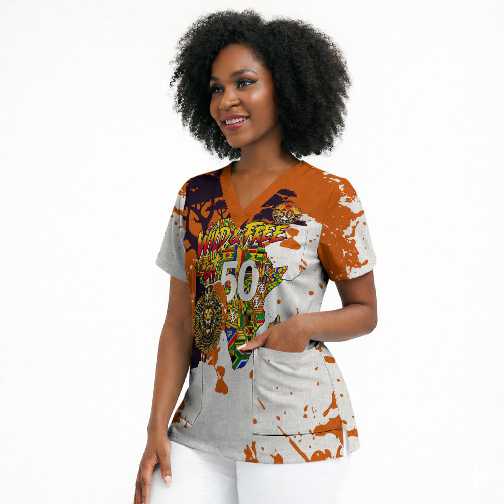 African 50th Birthday Wild And Free Scrub Top Safari Wildlife Map Tribal Mask Heritage Art