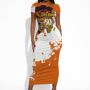 African 50th Birthday Wild And Free Short Sleeve Bodycon Dress Safari Wildlife Map Tribal Mask Heritage Art