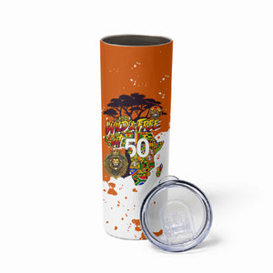 African 50th Birthday Wild And Free Skinny Tumbler Safari Wildlife Map Tribal Mask Heritage Art