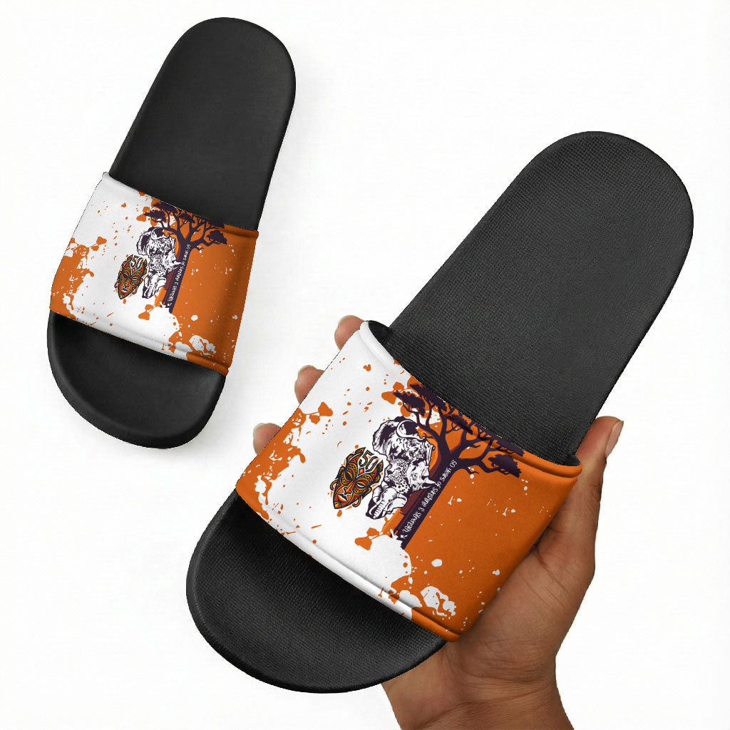 African 50th Birthday Wild And Free Slide Sandals Safari Wildlife Map Tribal Mask Heritage Art