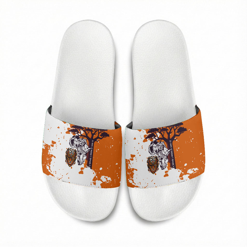 African 50th Birthday Wild And Free Slide Sandals Safari Wildlife Map Tribal Mask Heritage Art
