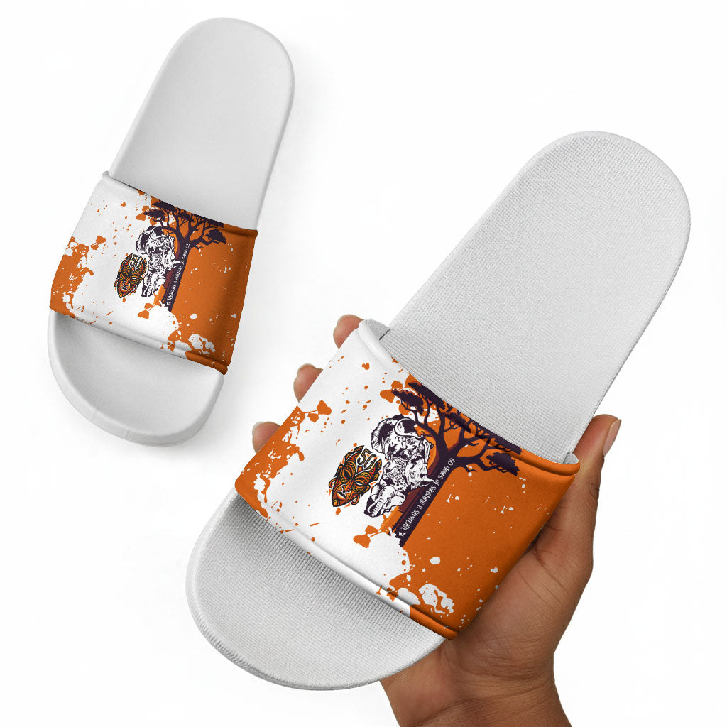 African 50th Birthday Wild And Free Slide Sandals Safari Wildlife Map Tribal Mask Heritage Art