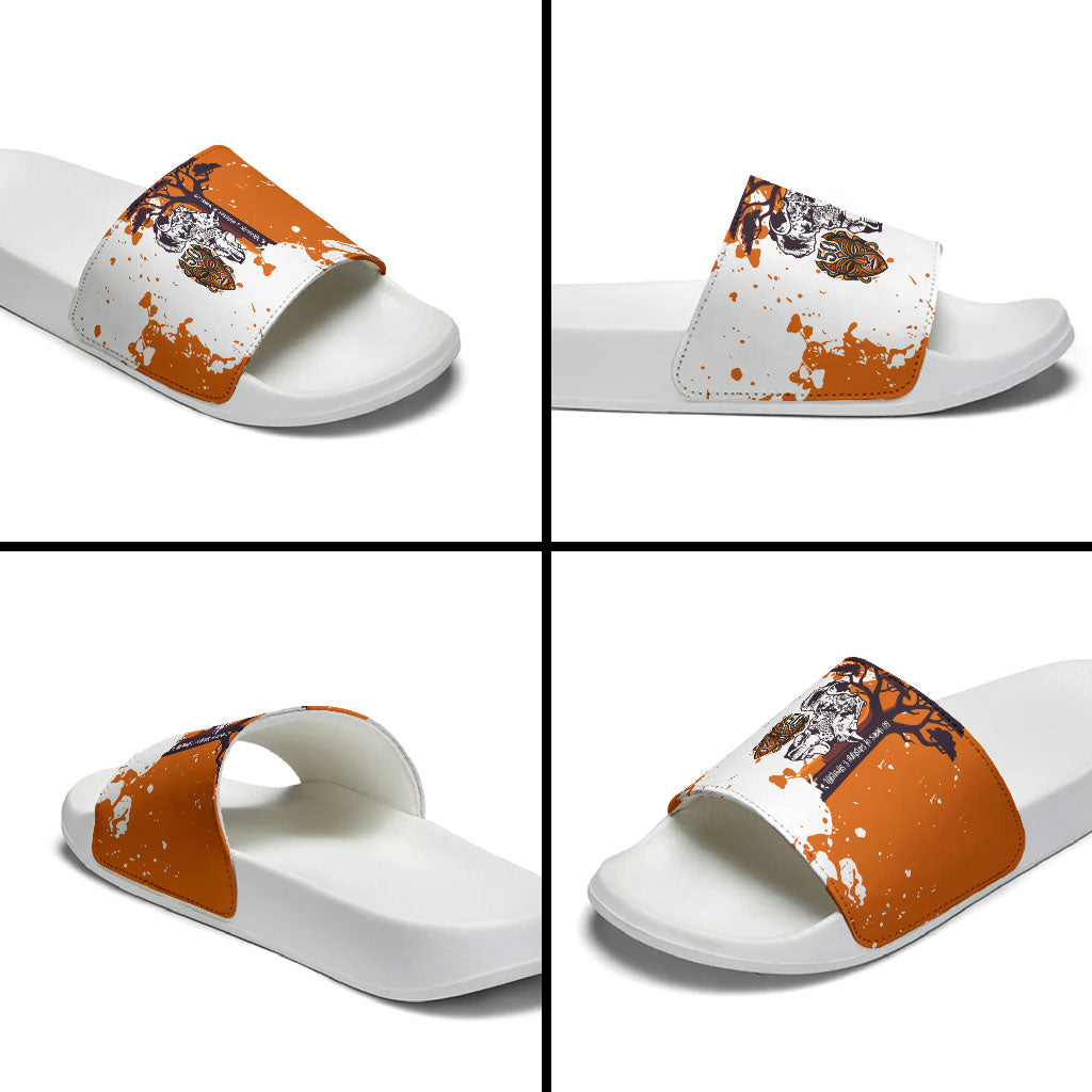 African 50th Birthday Wild And Free Slide Sandals Safari Wildlife Map Tribal Mask Heritage Art