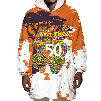 African 50th Birthday Wild And Free Wearable Blanket Hoodie Safari Wildlife Map Tribal Mask Heritage Art