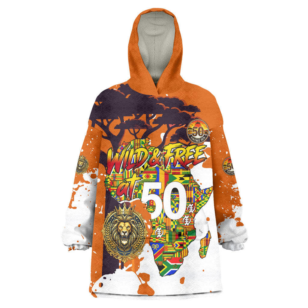 African 50th Birthday Wild And Free Wearable Blanket Hoodie Safari Wildlife Map Tribal Mask Heritage Art