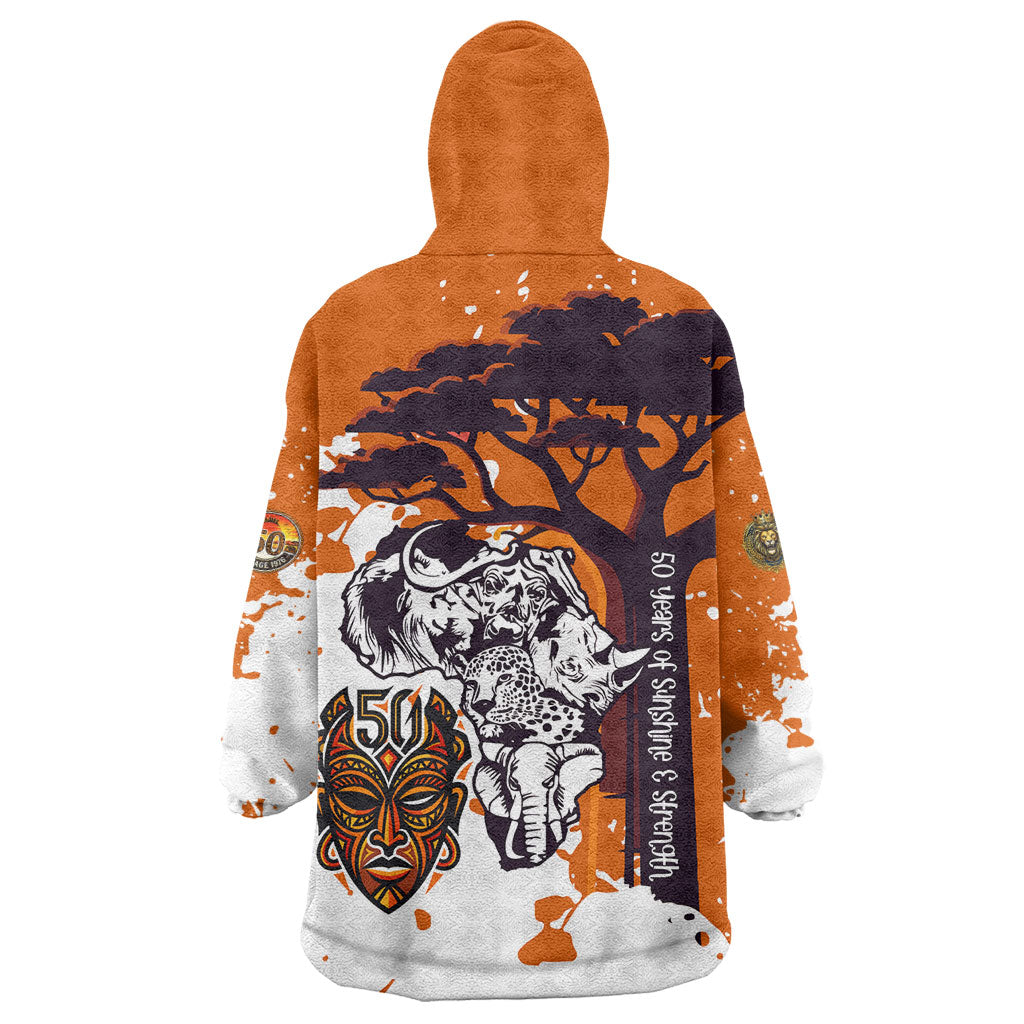 African 50th Birthday Wild And Free Wearable Blanket Hoodie Safari Wildlife Map Tribal Mask Heritage Art