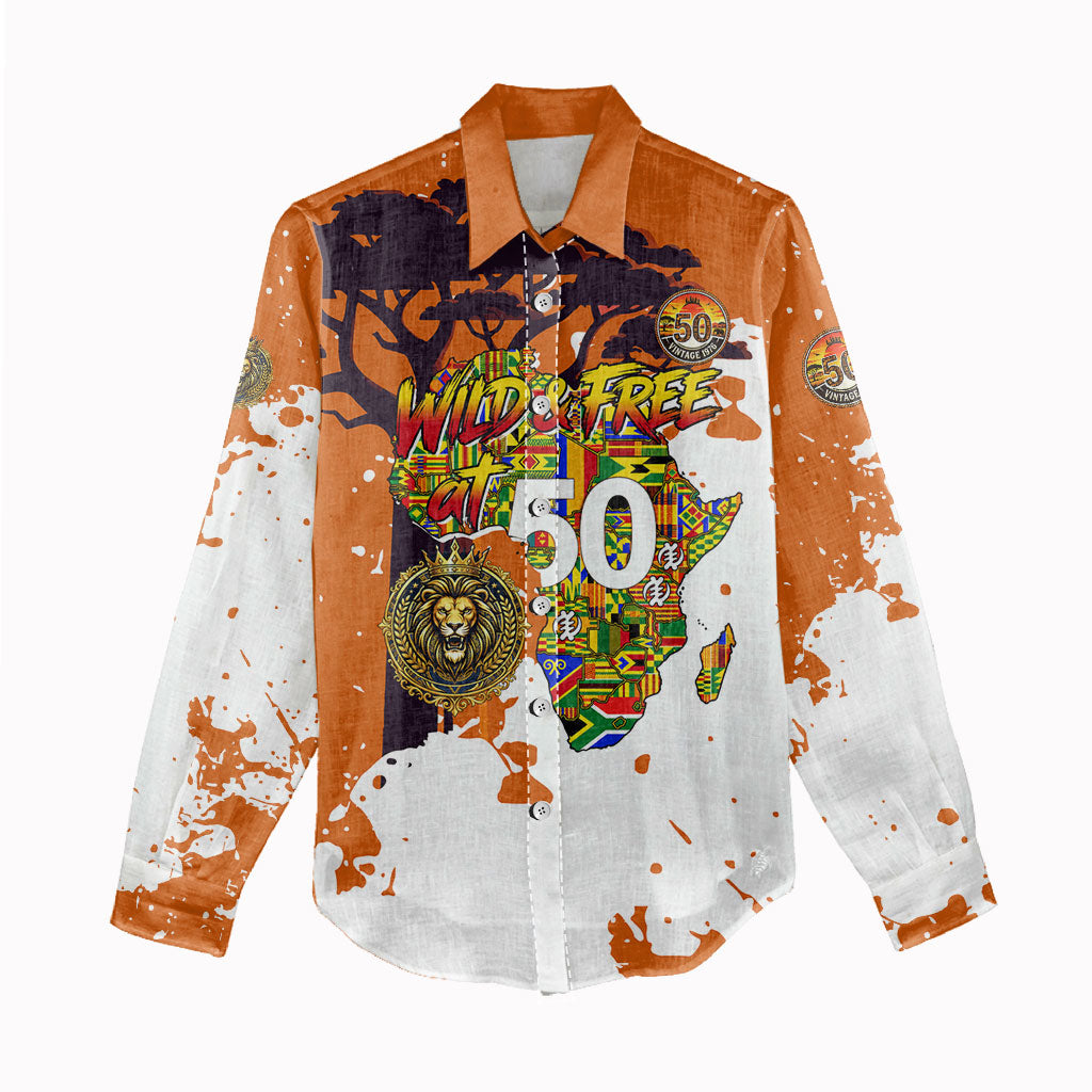 African 50th Birthday Wild And Free Women Casual Shirt Safari Wildlife Map Tribal Mask Heritage Art