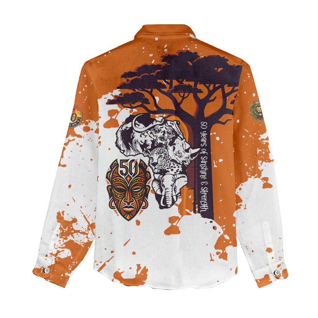 African 50th Birthday Wild And Free Women Casual Shirt Safari Wildlife Map Tribal Mask Heritage Art