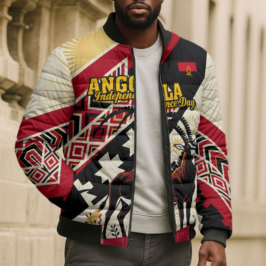 Angola Independence Day Antelope Bomber Puffer Jacket Flag Coat Of Arms Geometric African
