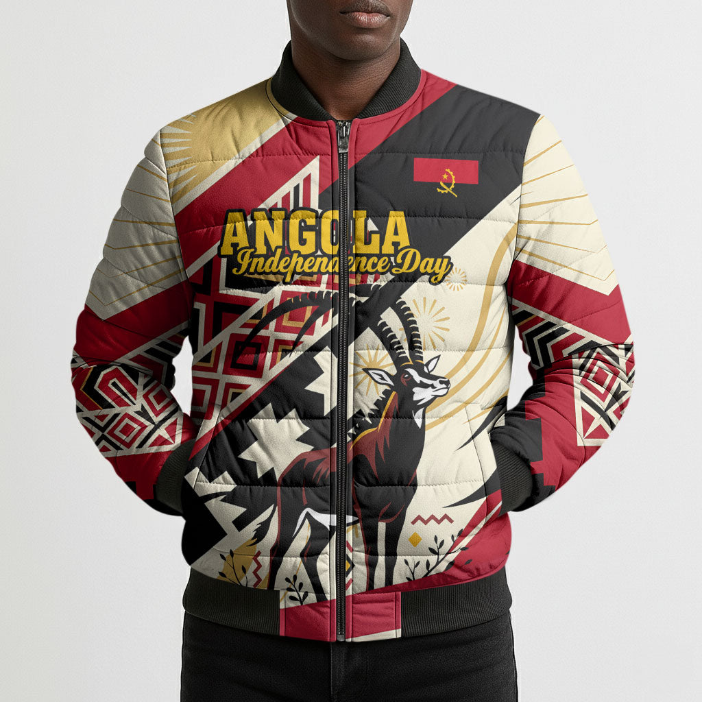 Angola Independence Day Antelope Bomber Puffer Jacket Flag Coat Of Arms Geometric African