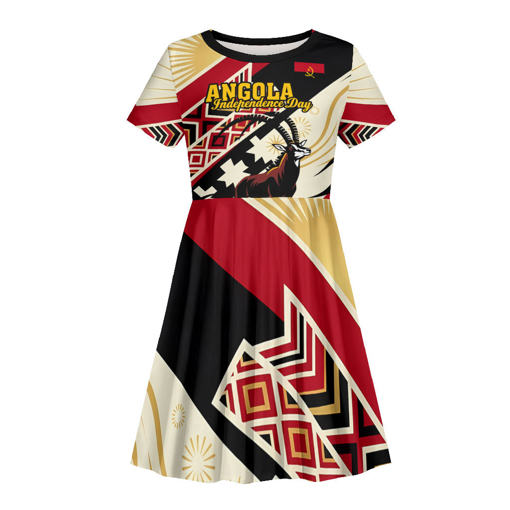Angola Independence Day Antelope Kid Short Sleeve Dress Flag Coat Of Arms Geometric African