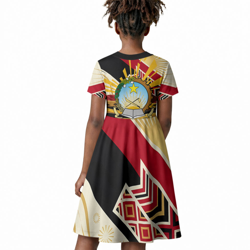 Angola Independence Day Antelope Kid Short Sleeve Dress Flag Coat Of Arms Geometric African