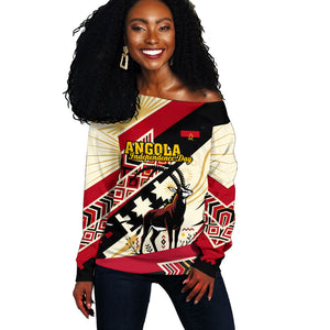 Angola Independence Day Antelope Off Shoulder Sweater Flag Coat Of Arms Geometric African