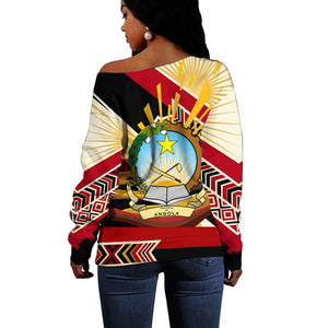 Angola Independence Day Antelope Off Shoulder Sweater Flag Coat Of Arms Geometric African