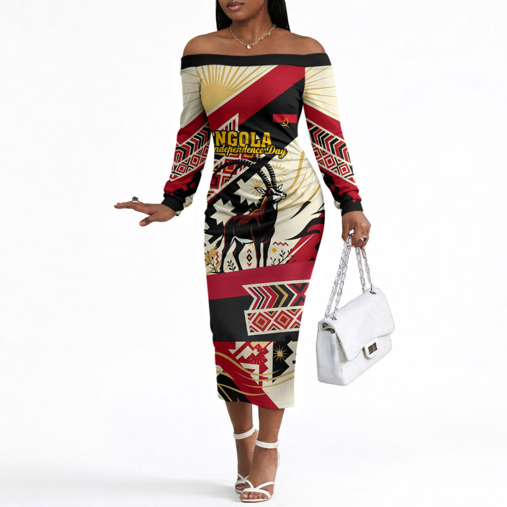 Angola Independence Day Antelope Off The Shoulder Long Sleeve Dress Flag Coat Of Arms Geometric African