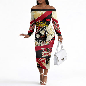 Angola Independence Day Antelope Off The Shoulder Long Sleeve Dress Flag Coat Of Arms Geometric African